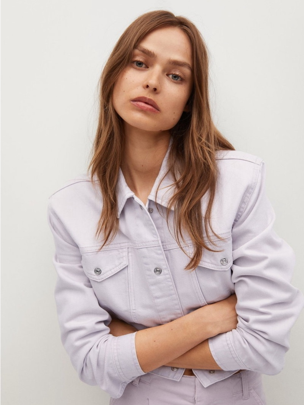 Mango Women’s Cropped Light Purple Cotton Denim Jacket